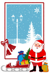 Christmas design. Santa Claus with bags of gifts, sleigh, and  winter city park on white background. Vector illustration.