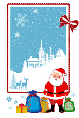 Christmas design. Santa Claus with bags of gifts, deer and  winter town on white background. Vector illustration.