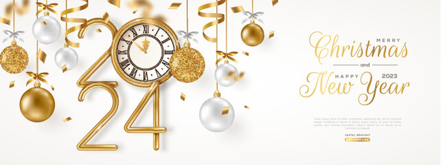 Merry Christmas and Happy New Year banner with hanging gold and white 3d baubles, confetti and 2024 numbers. Vector illustration. Winter holiday decorations, golden vintage clock. Place for text