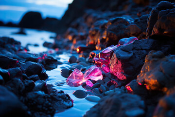 Sea evening landscape with stones, cliffs and neon glow. Generated by artificial intelligence