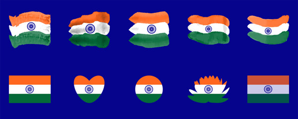 Set of India flags. In watercolor, in circular, heart and lotus shapes. For national holidays and events. 