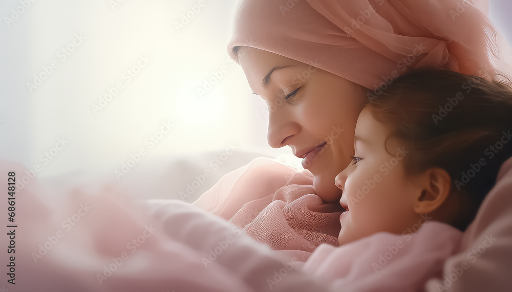 Wall mural mother and daughter in bed with pink scarf world cancer day concept