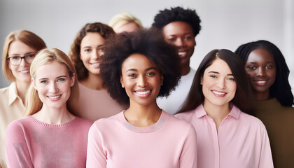 Crowd of women of different races in pink sweater smiling world cancer day concept