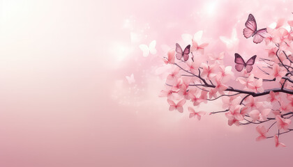 Cherry blossoms and butterflies on pink background world cancer day concept