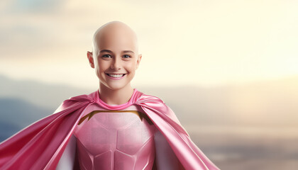 Young girl in pink superhero costume world cancer day concept