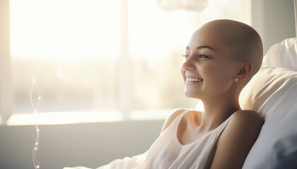 Young bald woman in hospital bed world cancer day concept