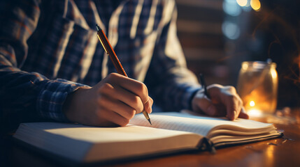 A student is carefully scribing in a journal, creating school work, in a genuine, intimate shot. - obrazy, fototapety, plakaty