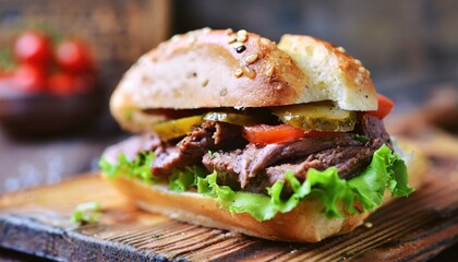 A delicious sandwich with beef. Generated with AI