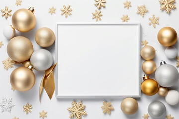 white Mockup Board Surrounded by Opulent Silver and Gold Christmas Decorations