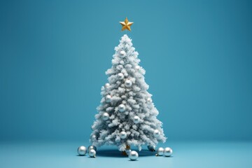  a white christmas tree with a gold star on top of it and silver balls on the bottom of the tree.