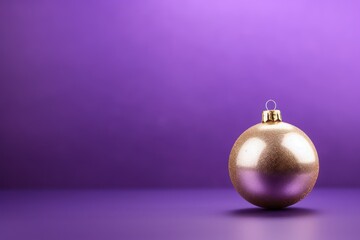  a purple and gold christmas ornament on a purple surface with a light reflection on the bottom of the ornament.