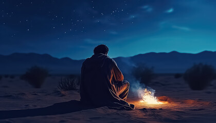 Bedouin man near fire in desert, Ramadan concept - obrazy, fototapety, plakaty