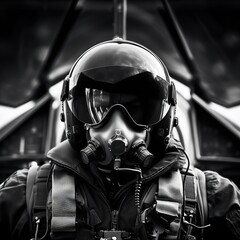 A fighter pilot in flight. Pilot Wearing Mask And Helmet In Cockpit Of Fighter Jet with copy space