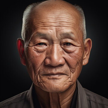 An elderly Asian man pondered in a studio while gazing into the camera in a close-up.