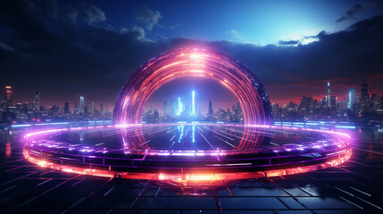 Digital geometry round with a neon lights.