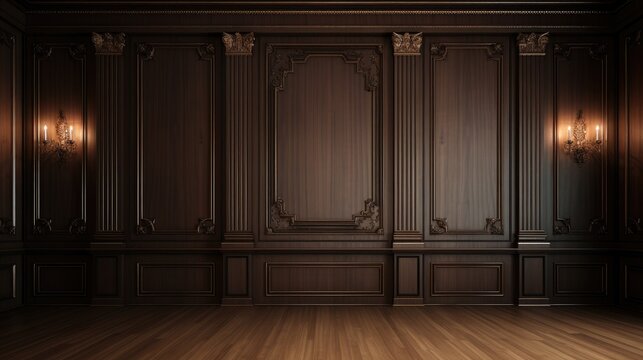 Classic premium luxury wood paneling wall background or texture. Highly crafted traditional wood paneling wall and floor, with a frame and column pattern