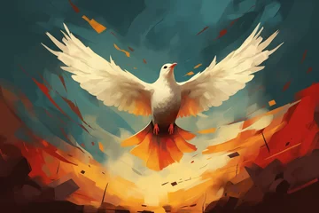 Fotobehang White dove in fire in the war. World peace day. Stop war in Ukraine. Peace crisis, no war, equality and love concept. Hiroshima Day. Background for banner, slogan, card, poster © ratatosk
