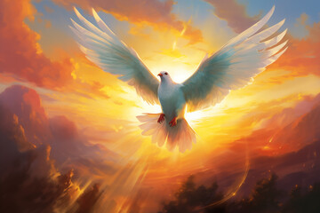White dove in fire in the war. World peace day. Stop war in Ukraine. Peace crisis, no war, equality and love concept. Hiroshima Day. Background for banner, slogan, card, poster