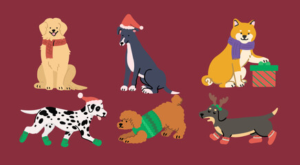 Christmas Dog Illustration Golden Retriever Greyhound Shiba Dalmatian Poodle Dachshund. Vector.