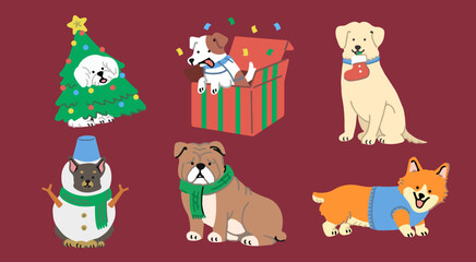 Christmas Dog Illustration , Bulldog, Jack Russell, Maltese ,Chihuahua, Corgi, Labrador. Vector.