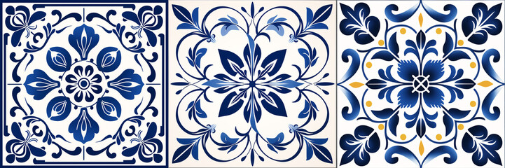 A grand baroque-style ceramic tile featuring a rudimentary white and blue floral damask pattern, centered by a large floral frame, makes for a beautiful ceiling design. - obrazy, fototapety, plakaty