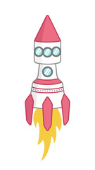 Pink space rocket with fire and portholes. Cartoon, vector