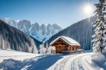 landscape in the mountains and hut with snow falling 