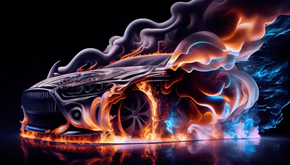 Fotobehang Fire art with smoke on the hood of the car. Car tattoo. AI generative © LN