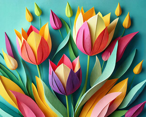 Mothers Day flowers, bouquet, card, background or gift concept. Colourful paper tulips on blue background.