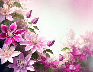 Mothers Day clematis flower border with copy space. Mothers Day, Anniversary and Womens Day floral background concept.