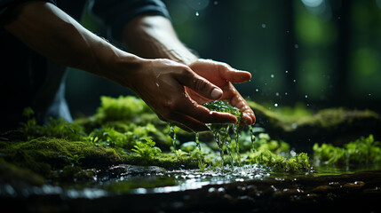 Hand touching green moss in forest.