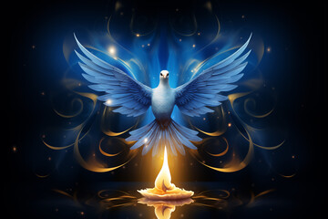 Holy spirit dove and lit candle on blue background. Baptism holiday invitation, holiday advent candle. God Bless You. All Saints' Day Greeting card or banner with copy space  - obrazy, fototapety, plakaty
