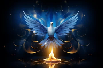 Fotobehang Holy spirit dove and lit candle on blue background. Baptism holiday invitation, holiday advent candle. God Bless You. All Saints' Day Greeting card or banner with copy space  © ratatosk