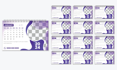 Creative desk calendar design 2024 template. Vector layout of a desk simple calendar.