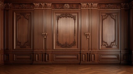 Classic premium luxury wood paneling wall background or texture. Highly crafted traditional wood paneling wall and floor, with a frame and column pattern