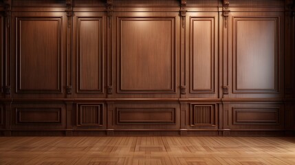 Classic premium luxury wood paneling wall background or texture. Highly crafted traditional wood paneling wall and floor, with a frame and column pattern - obrazy, fototapety, plakaty