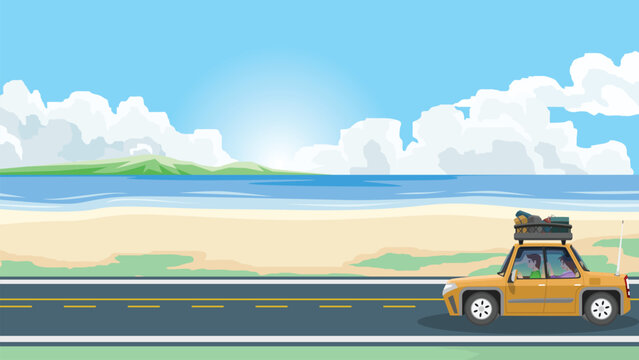 Family sedan with rack and full luggage. Families couples drive on smooth asphalt roads beside beaches and the vast sea. In the background there are pigs perched under clouds and a bright blue sky.