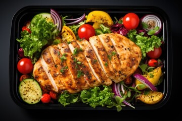 Grilled chicken breast fillet and fresh vegetable salad in dark plate on black background
