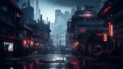 Illustration of a cyberpunk cityscape shrouded in rain at night.