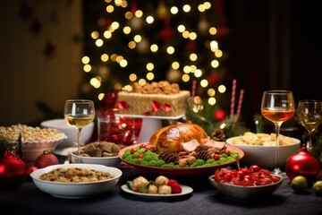 Christmas festive family dinner served different dishes and salads, many snacks, sparkling wine and glasses. New Year's decorations with Xmas tree on background.