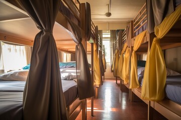 A dormitory room in the hostel showcasing bunk beds neatly arranged in a row - obrazy, fototapety, plakaty