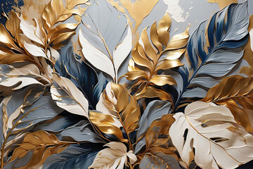 3D art watercolours Blue gold and white leaves painting