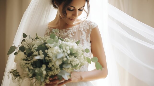 Image of a beautiful bride dressed in a white dress with a bouquet of flowers.