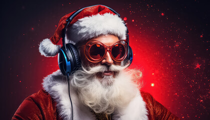 cool mature man with white beard in santa claus suit with headset headphones