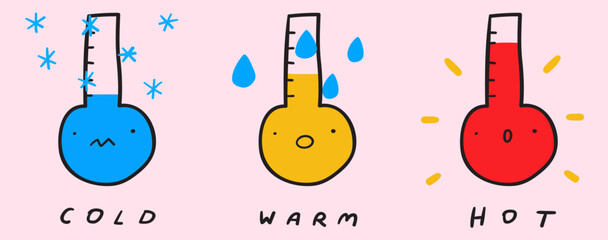 Cute temperature thermometers. Studying for kids. Hand drawn graphic design. Vector illustrations on pink background. - obrazy, fototapety, plakaty