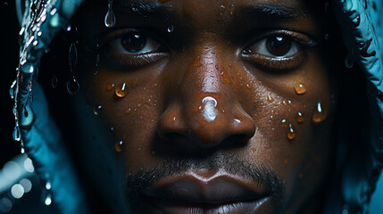 Portrait of black man with a water drops on face.