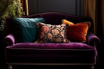A charming velvet loveseat sofa, adorned with plush cushions, creates a cozy reading nook in a corner of the room