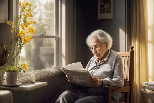 An elderly woman reads a newspaper at the window of the house.