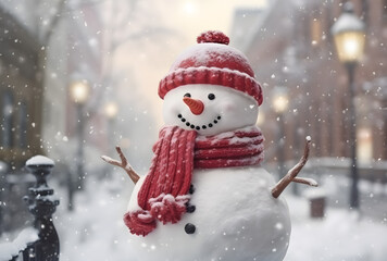 Fototapeta premium snowman in the winter background, in the style of photorealistic urban scenes, light red, light crimson