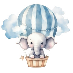 Adorable Baby Elephant in Hot Air Balloon Clipart for Baby Birthday - Perfect for Nursery Decor and Children's Party, Watercolor Style